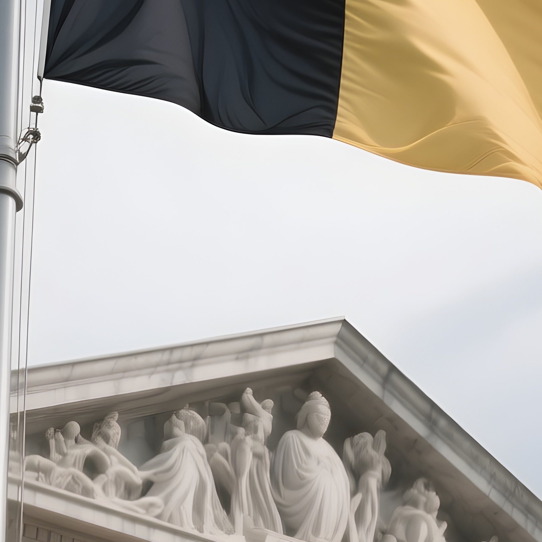 A Photorealistic Belgian Flag Standing Tall Outside A Marble Courthouse Under Cloudy Skies. - Full Resolution Quality Preview
