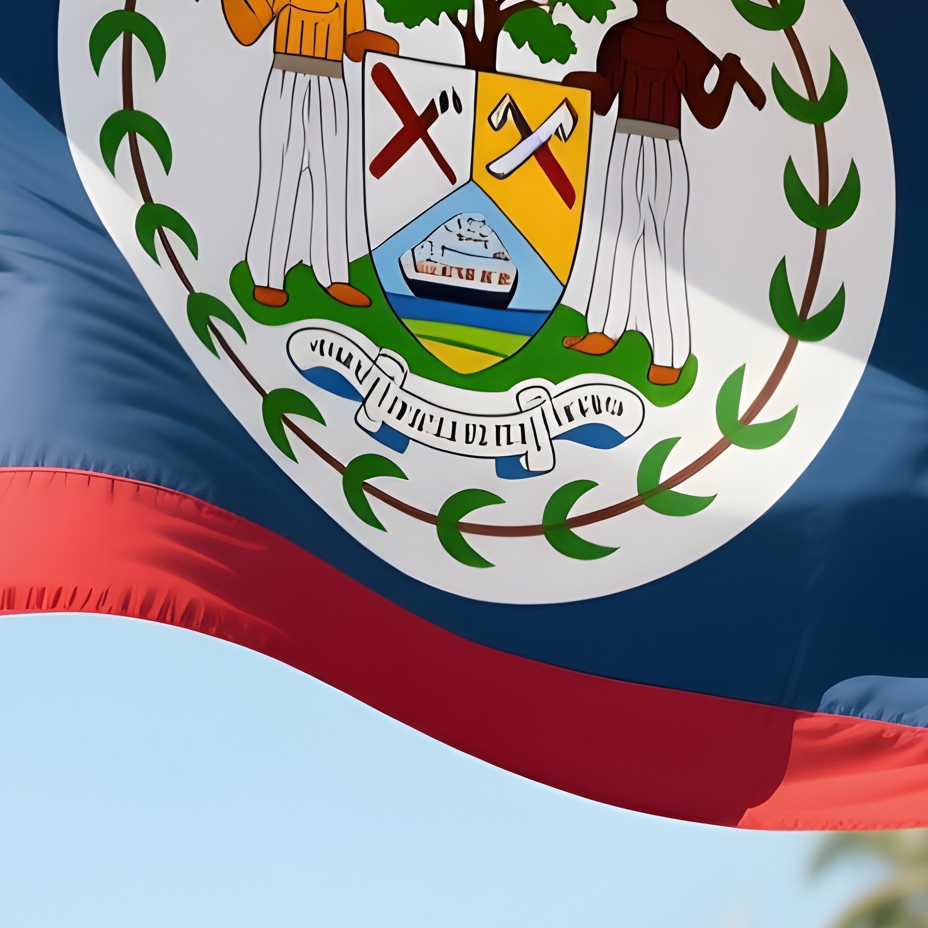 A Photorealistic Belizean Flag Waving In Front Of A Palm Lined Coastal Promenade. - Full Resolution Quality Preview