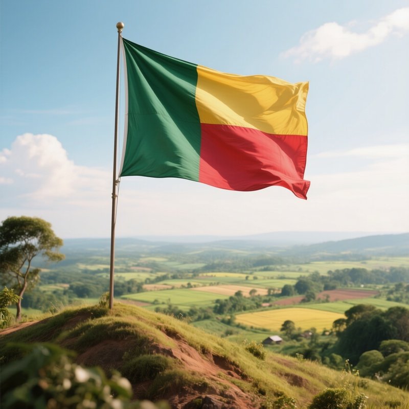 A Photorealistic Beninese Flag Fluttering On A Hill Above A Bright Rural Landscape.