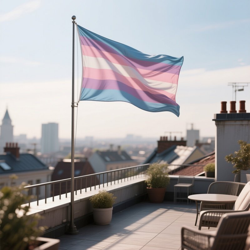 A Photorealistic Bigender Flag Fluttering In Gentle Wind Over A Rooftop Terrace.