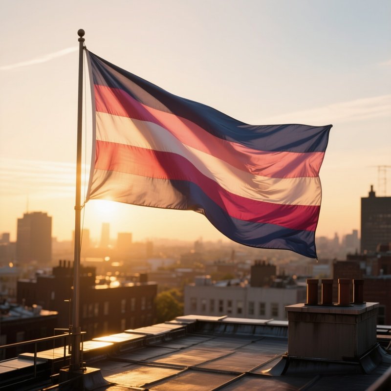 A Photorealistic Bisexual Flag Rippling Under Golden Evening Sunlight Above An Urban Rooftop.