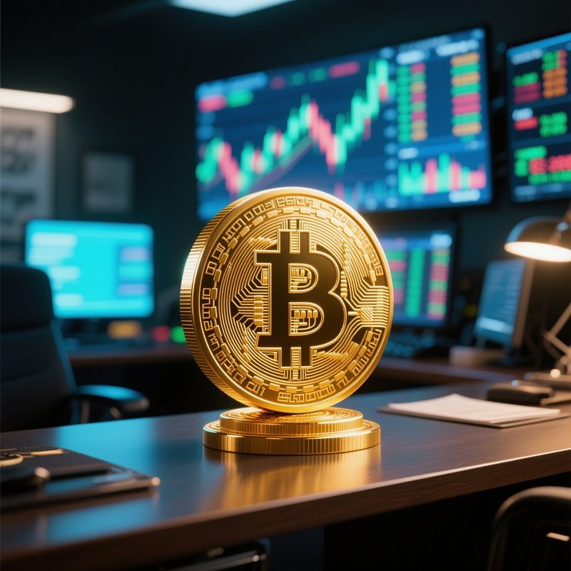A Photorealistic Bitcoin Symbol Sculpted In Gold On A Trader’S Desk With Glowing Screens In The Background.