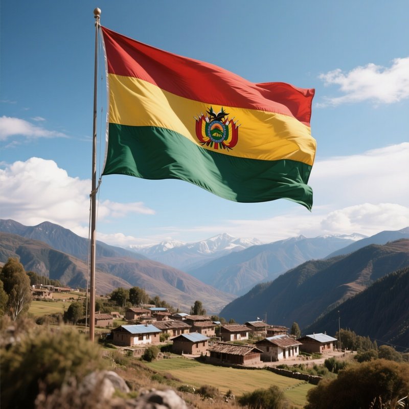 A Photorealistic Bolivian Flag Waving Above A High Altitude Plateau Village.