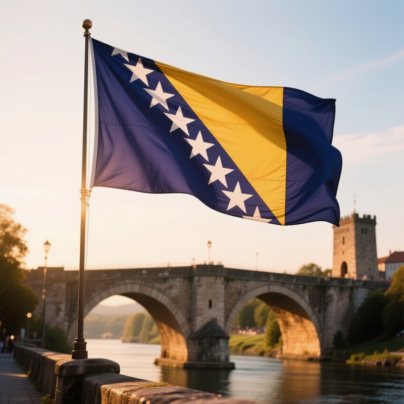 A Photorealistic Bosnian Flag Catching Warm Late Afternoon Sunlight Near A Historic Bridge.