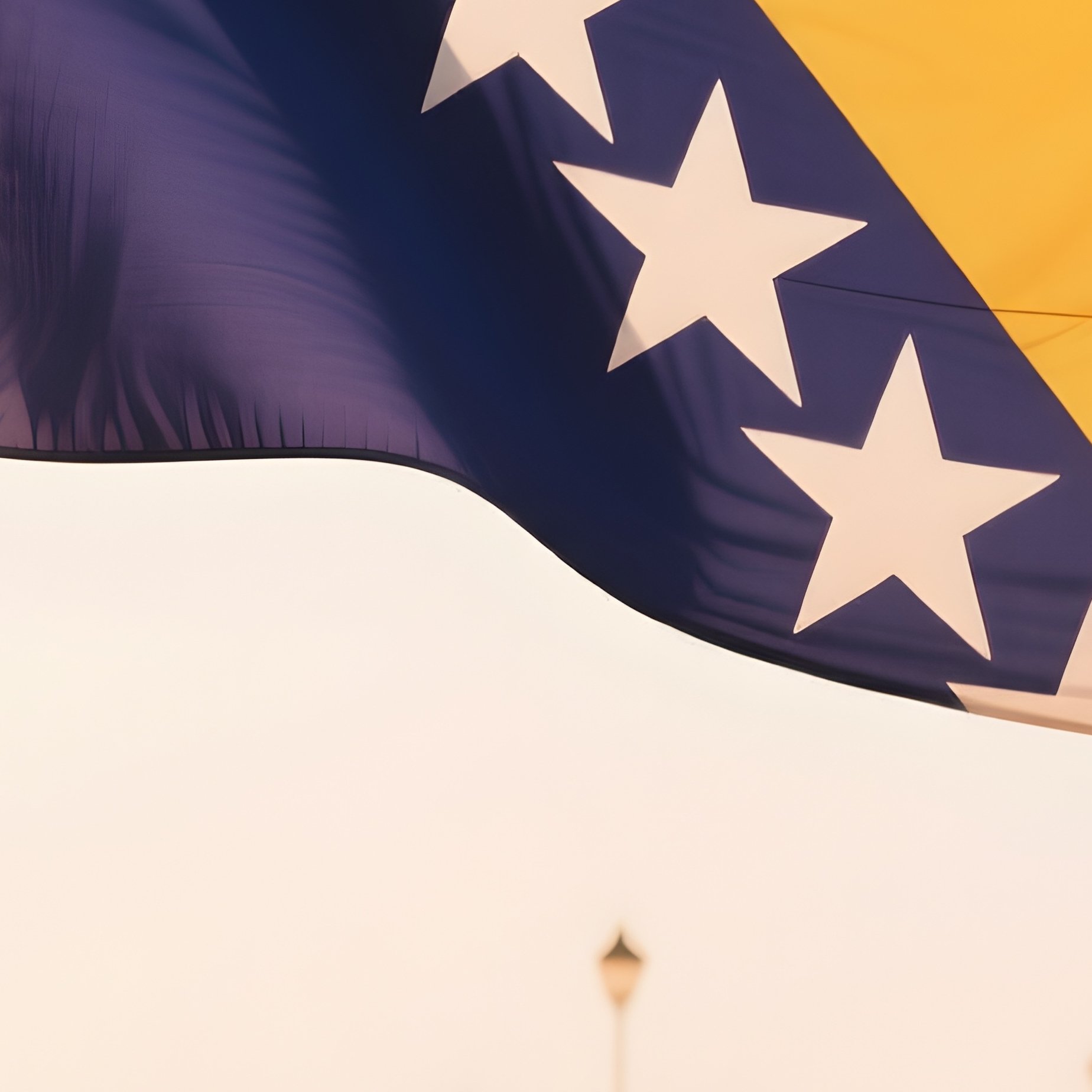 A Photorealistic Bosnian Flag Catching Warm Late Afternoon Sunlight Near A Historic Bridge. - Full Resolution Quality Preview