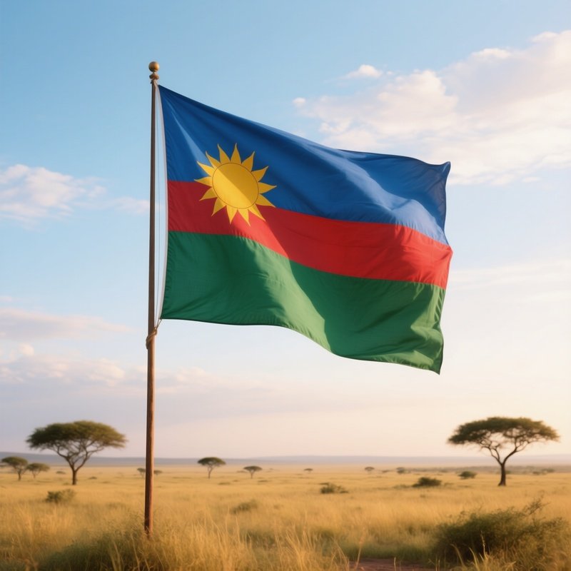 A Photorealistic Botswanan Flag Rising Above A Calm Savannah Under Soft Clouds