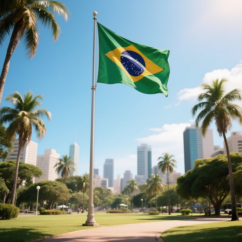 A Photorealistic Brazilian Flag Waving On A Tall Pole Over A Sunny City Park With Palm Trees.