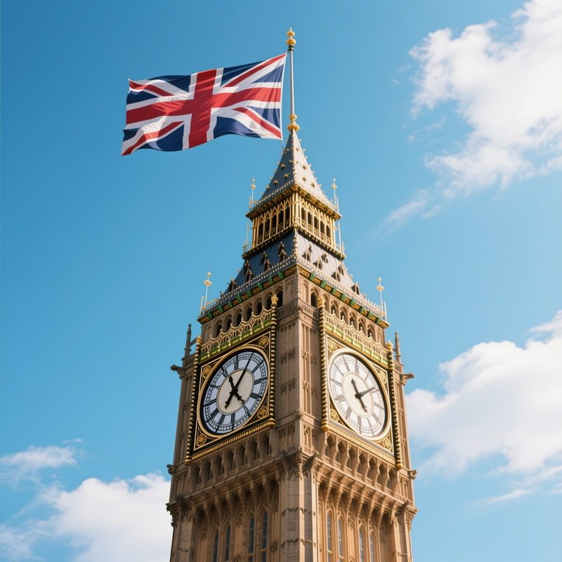 A Photorealistic British Flag Flying Atop A Historic Clock Tower Under Bright Daylight.