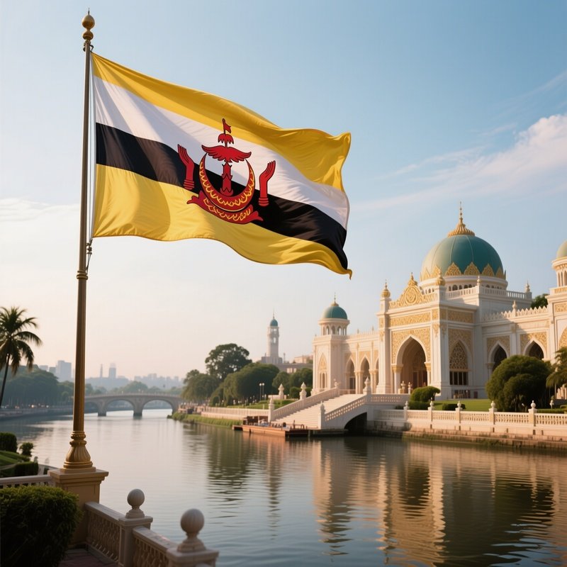 A Photorealistic Bruneian Flag Fluttering Near An Ornate Riverside Palace.