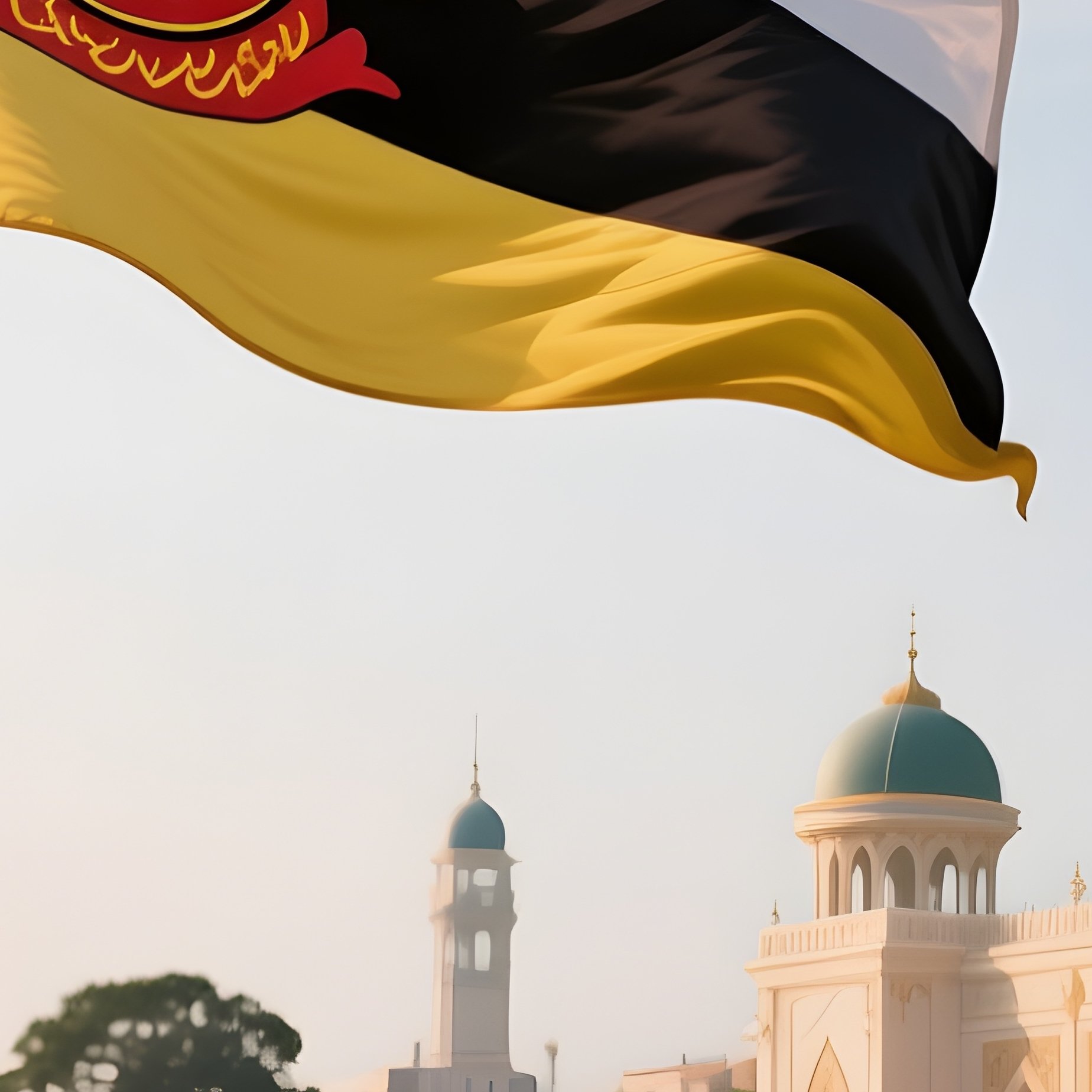 A Photorealistic Bruneian Flag Fluttering Near An Ornate Riverside Palace. - Full Resolution Quality Preview