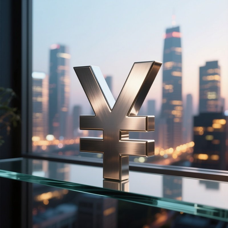 A Photorealistic Brushed Metal Yen Symbol Placed On A Glass Shelf With A City Skyline Glowing Behind It.