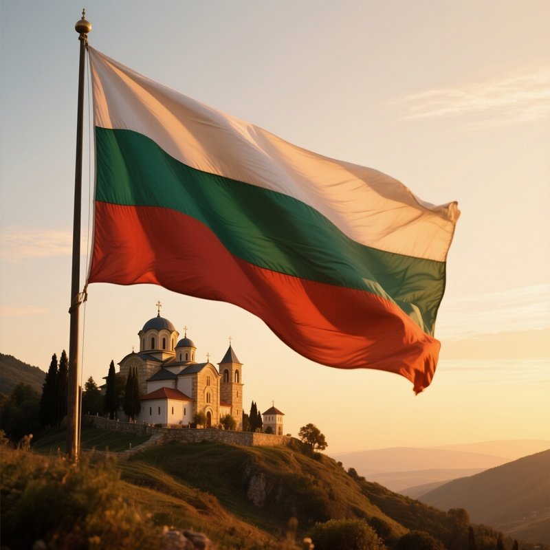 A Photorealistic Bulgarian Flag Waving Beside A Hillside Monastery Under Golden Evening Light.