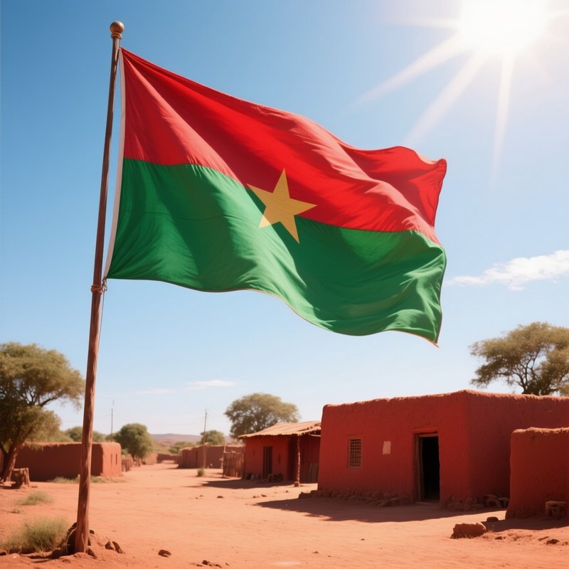 A Photorealistic Burkinabe Flag Waving Beside A Red Earth Village Under Strong Sun.