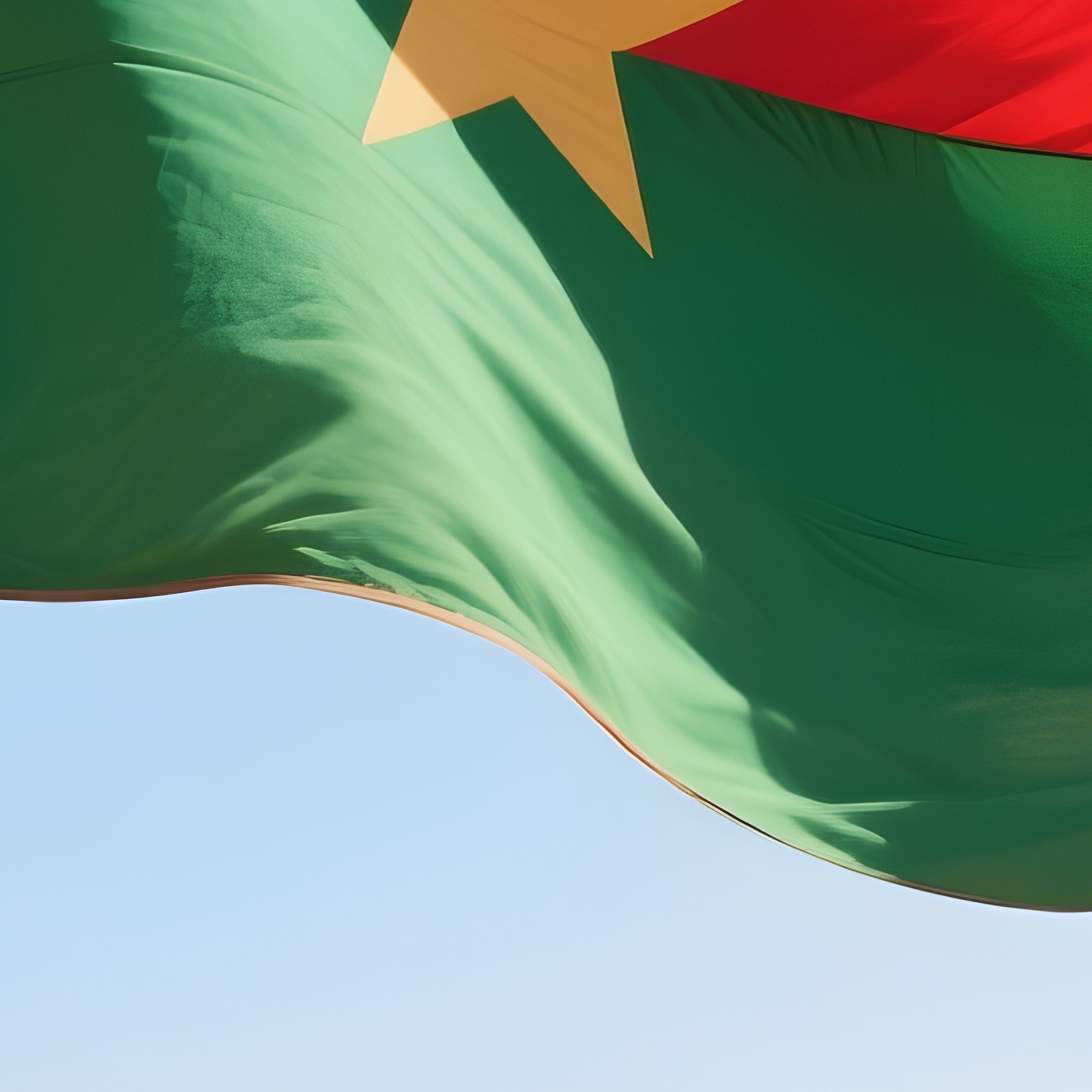 A Photorealistic Burkinabe Flag Waving Beside A Red Earth Village Under Strong Sun. - Full Resolution Quality Preview