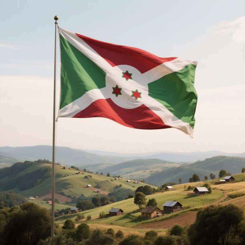 A Photorealistic Burundian Flag Fluttering Above Rolling Hills And Scattered Small Farms.
