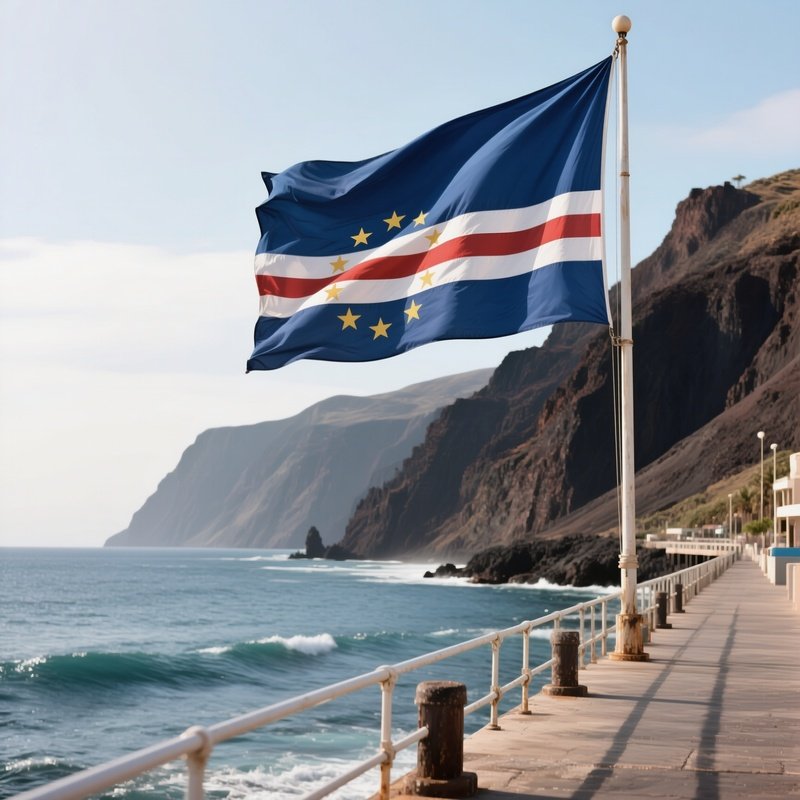A Photorealistic Cabo Verde Flag Waving Beside An Ocean Pier With Volcanic Cliffs Behind.