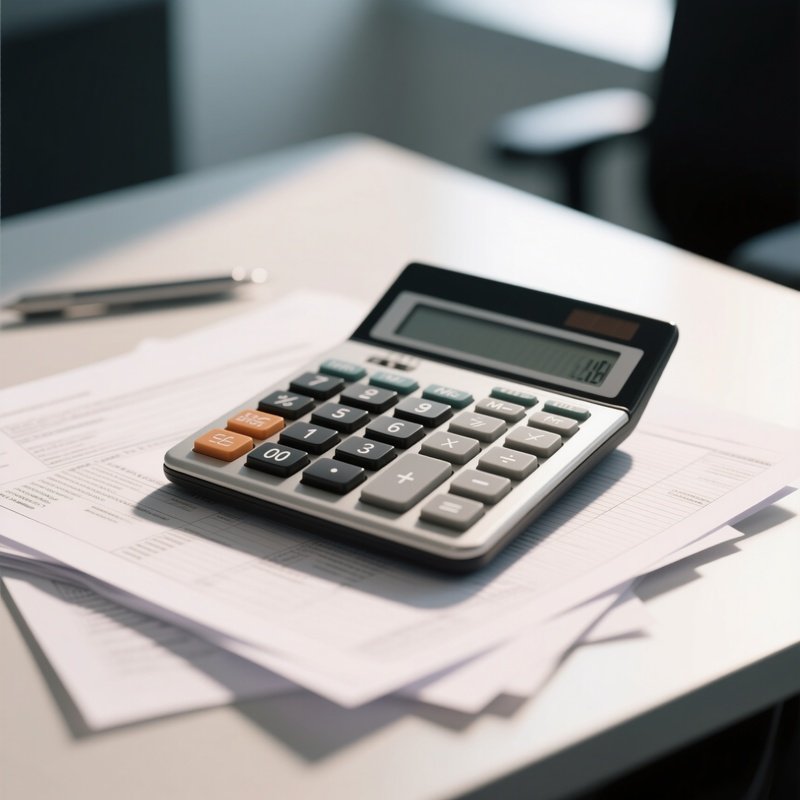 A Photorealistic Calculator Placed On Top Of Tax Papers Under Bright Office Lighting With Subtle Shadow Details.