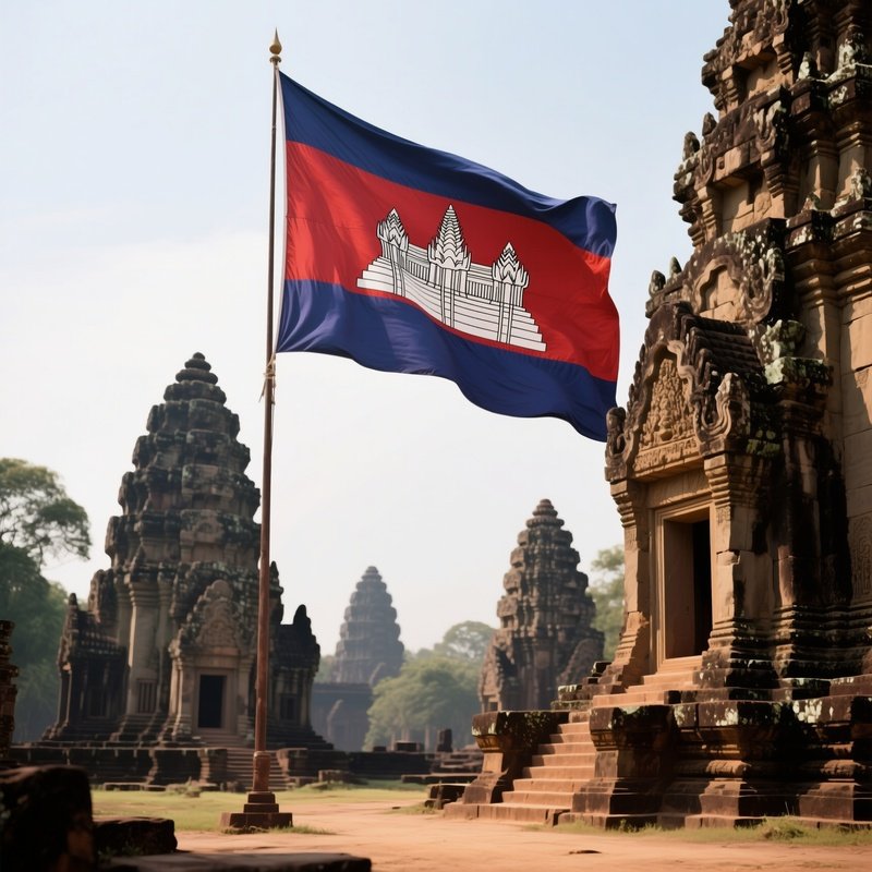 A Photorealistic Cambodian Flag Rising Beside An Ancient Temple Complex.