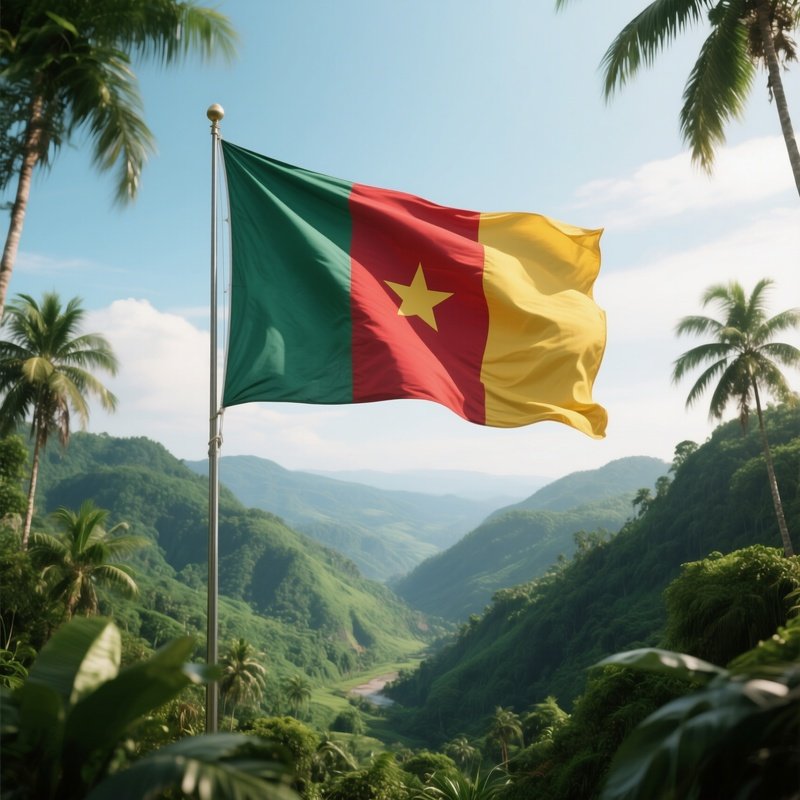 A Photorealistic Cameroonian Flag Blowing Above A Green Tropical Valley.