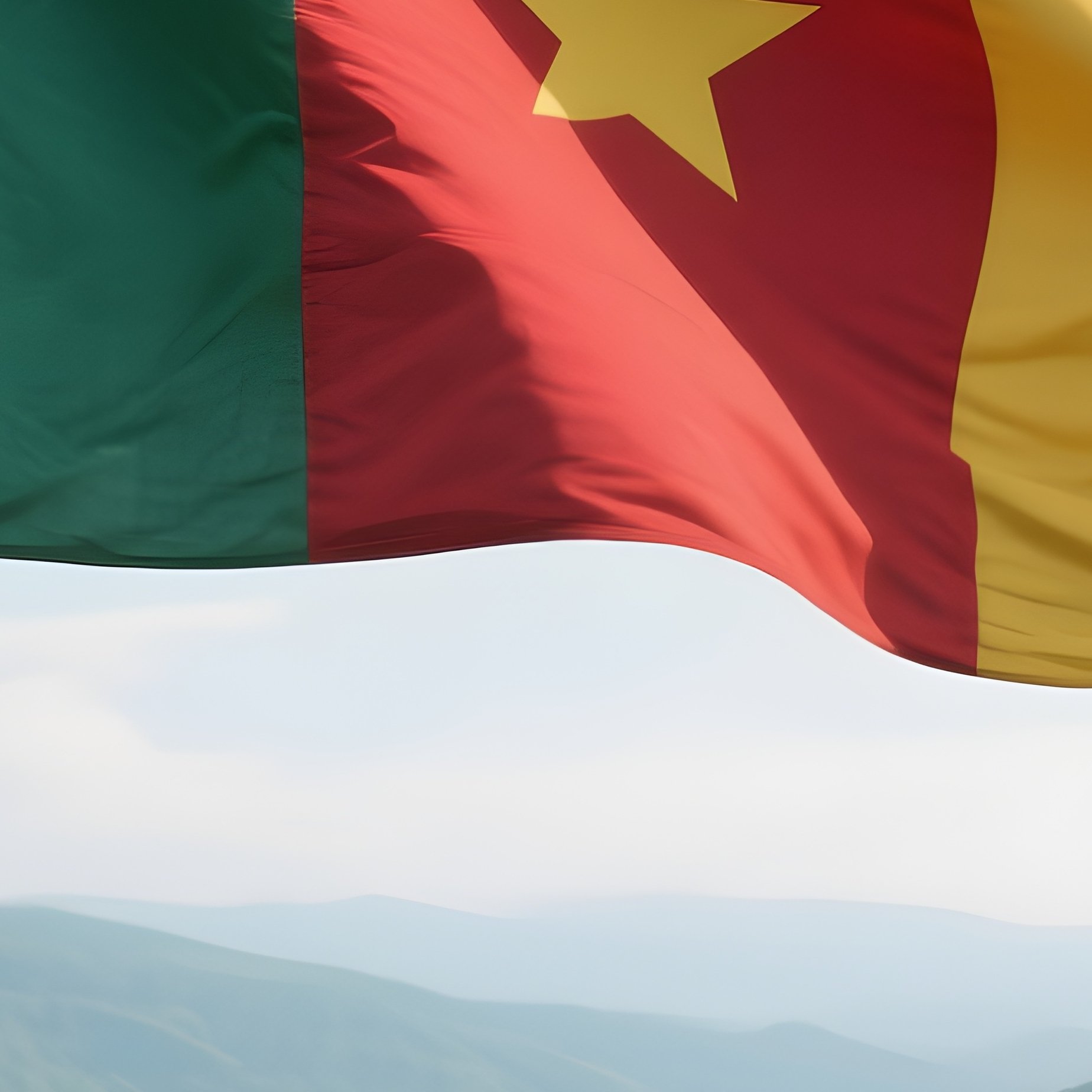 A Photorealistic Cameroonian Flag Blowing Above A Green Tropical Valley. - Full Resolution Quality Preview
