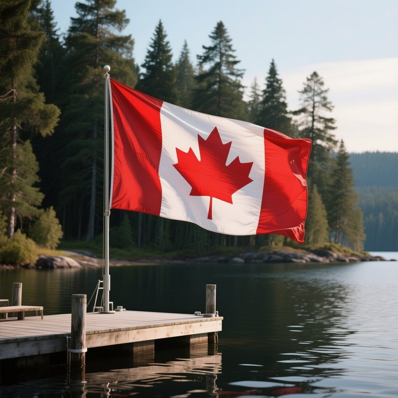 A Photorealistic Canadian Flag Waving On A Lakeshore Dock With Pine Forest Behind.
