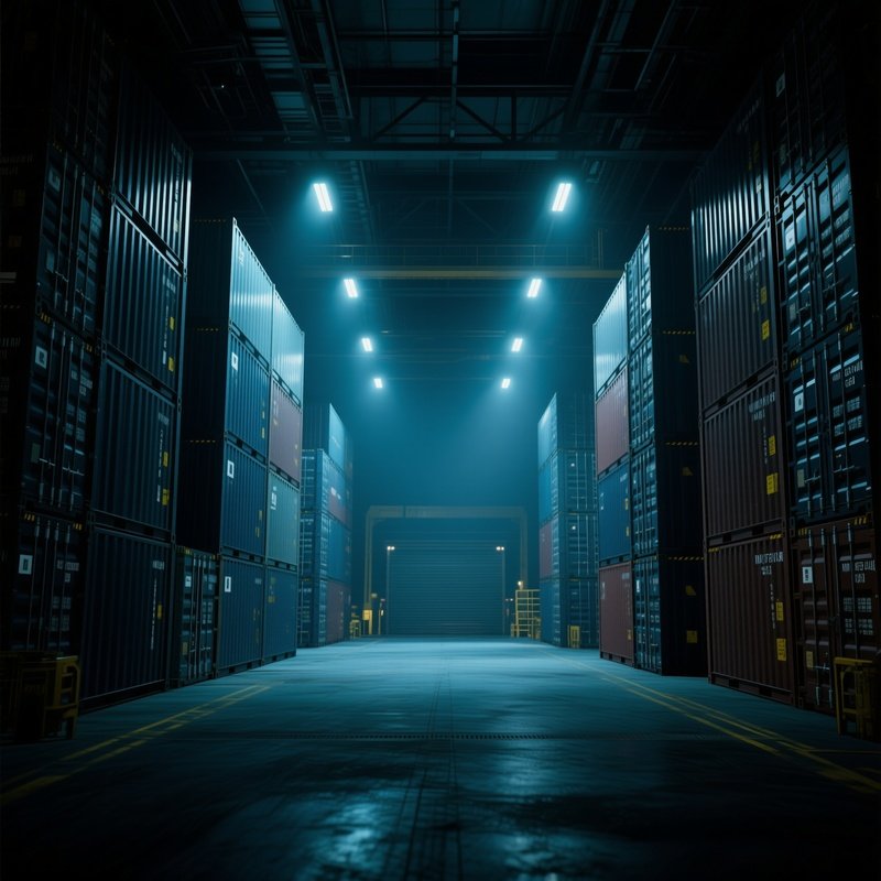 A Photorealistic Cargo Bay Filled With Stacked Steel Containers Illuminated By Harsh Industrial Floodlights During Nighttime Operations.