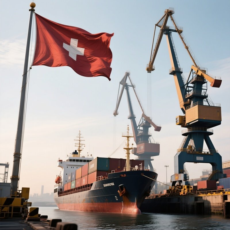 A Photorealistic Cargo Ship Flag Waving Near Towering Cranes As The Vessel Is Unloaded.