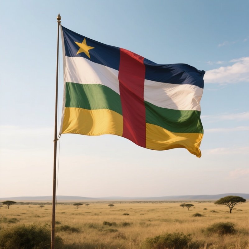 A Photorealistic Central African Flag Fluttering Over A Wide Open Savannah Plain.