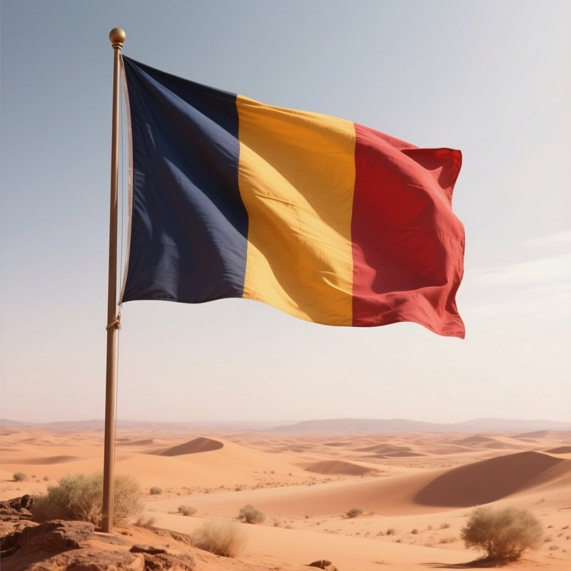 A Photorealistic Chadian Flag Waving Beside An Ochre Desert Landscape.