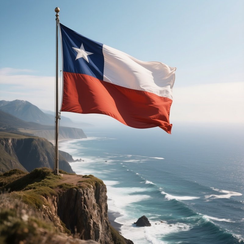 A Photorealistic Chilean Flag Fluttering On A Cliff Overlooking The Pacific Ocean.