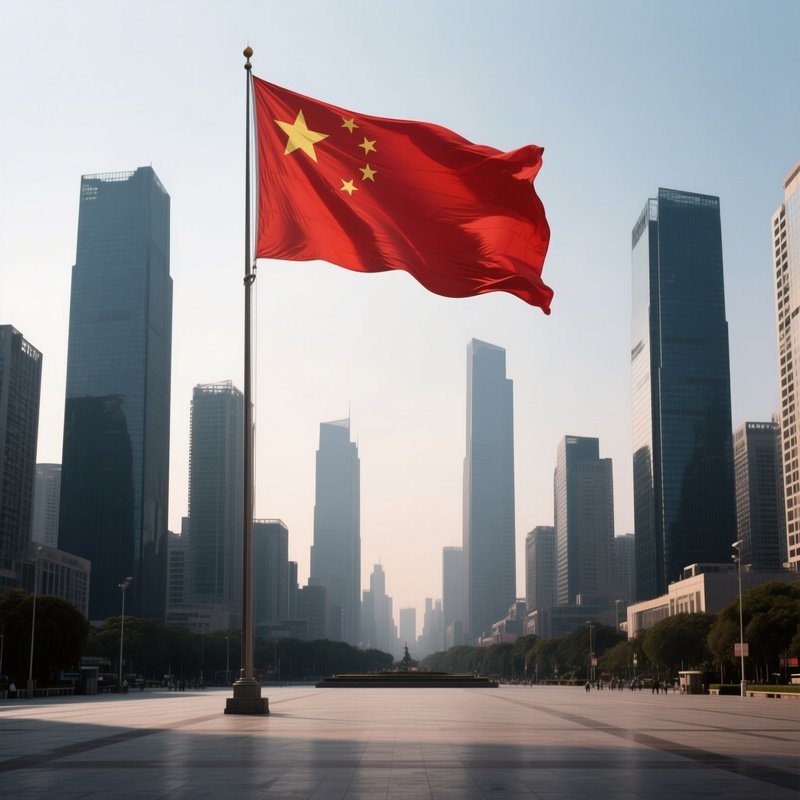 A Photorealistic Chinese Flag Waving Above A Large Square Surrounded By Modern High Rise Silhouettes.