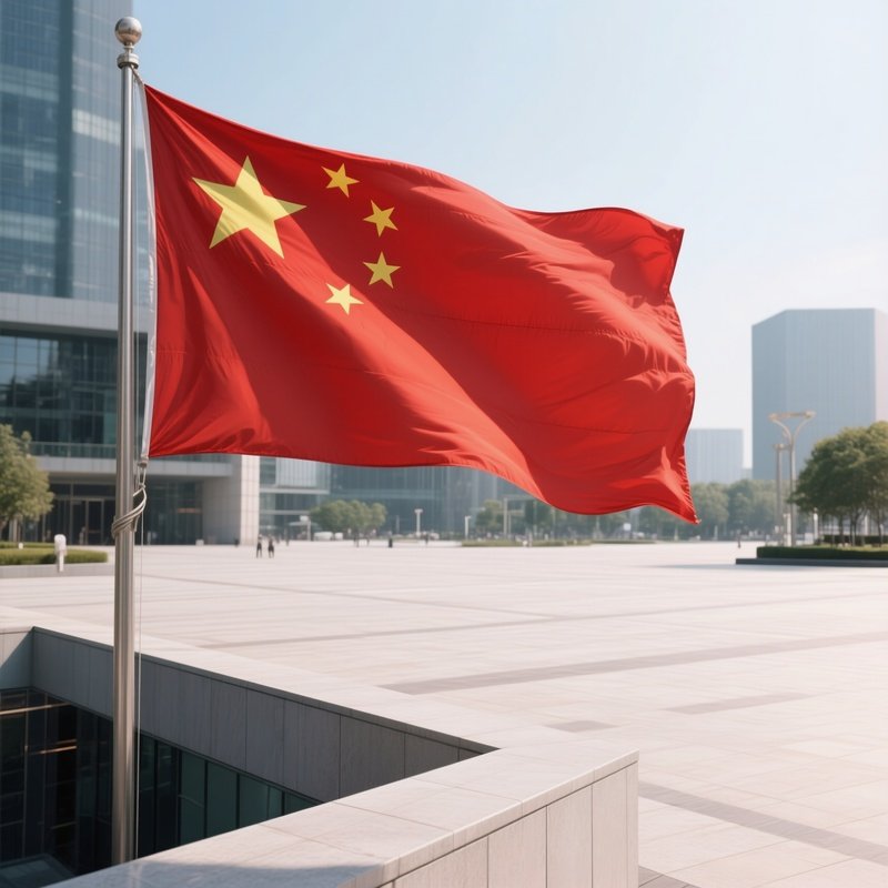 A Photorealistic Chinese Flag Waving At The Edge Of A Spacious Modern Plaza.