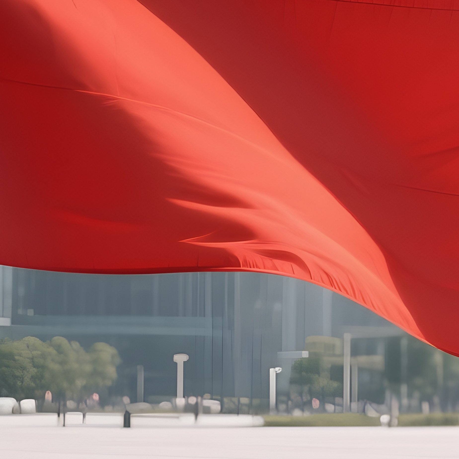 A Photorealistic Chinese Flag Waving At The Edge Of A Spacious Modern Plaza. - Full Resolution Quality Preview