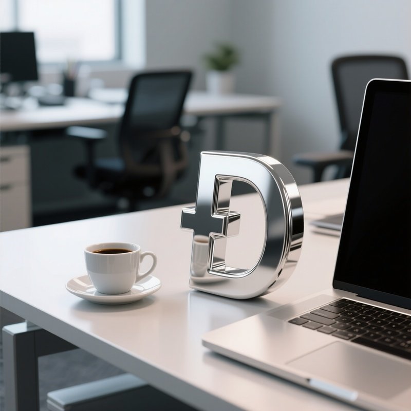A Photorealistic Chrome Pound Symbol Resting Next To A Laptop And Coffee Cup On A Modern Coworking Desk.