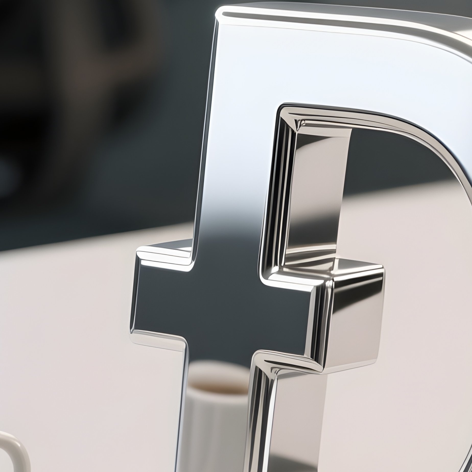 A Photorealistic Chrome Pound Symbol Resting Next To A Laptop And Coffee Cup On A Modern Coworking Desk. - Full Resolution Quality Preview