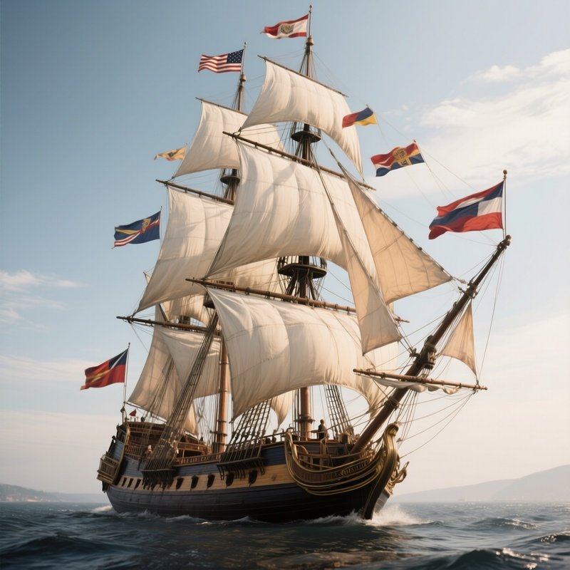 A Photorealistic Classic Tall Ship Showing Multiple Flags Dancing In The Wind.
