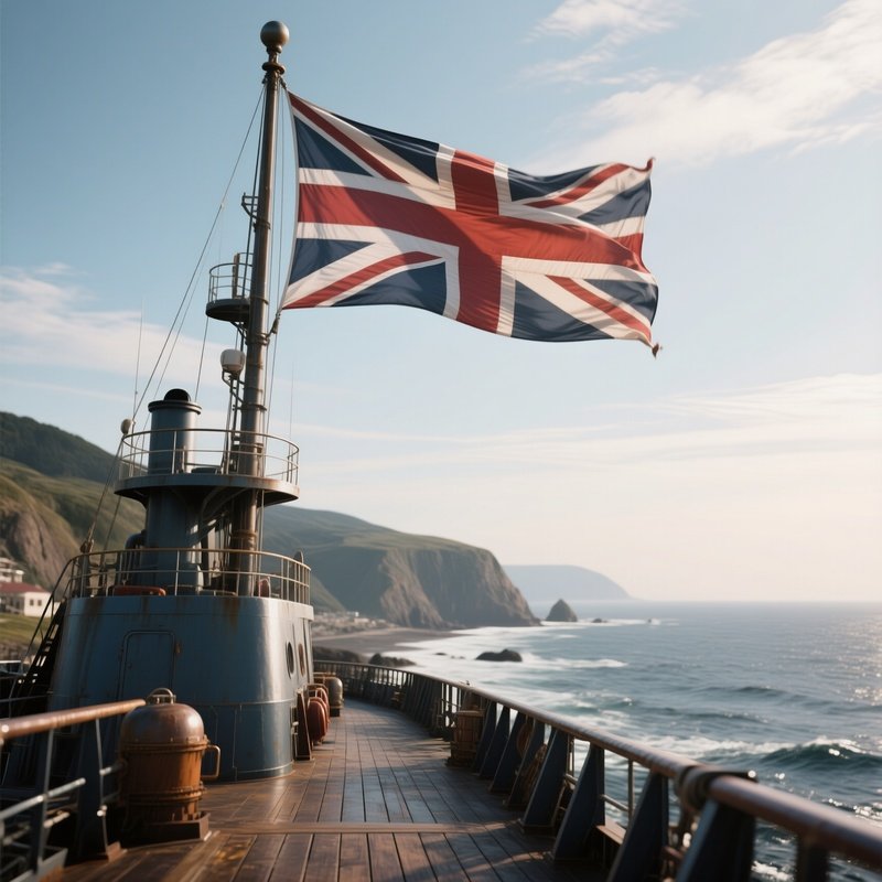 A Photorealistic Coast Vessel Flag Whipping Above Steel Deck Structures During A Brisk Breeze.