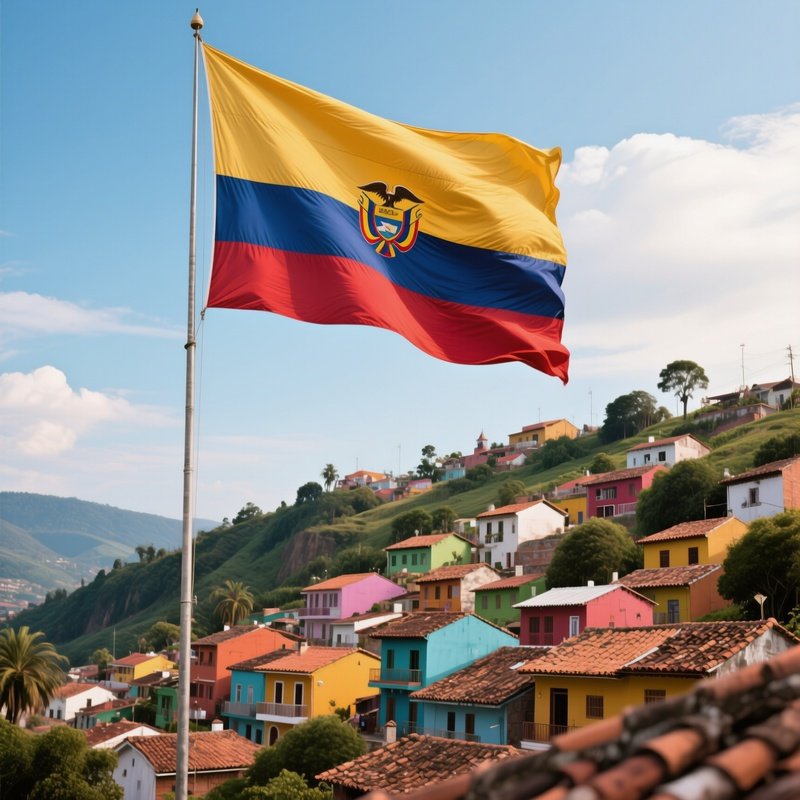 A Photorealistic Colombian Flag Flying Above A Hillside Town With Colorful Rooftops.