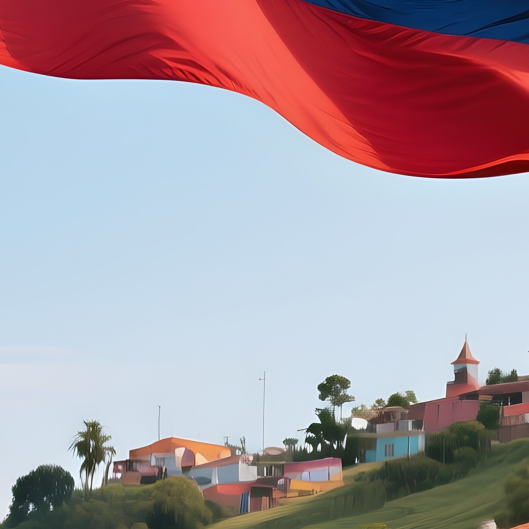 A Photorealistic Colombian Flag Flying Above A Hillside Town With Colorful Rooftops. - Full Resolution Quality Preview