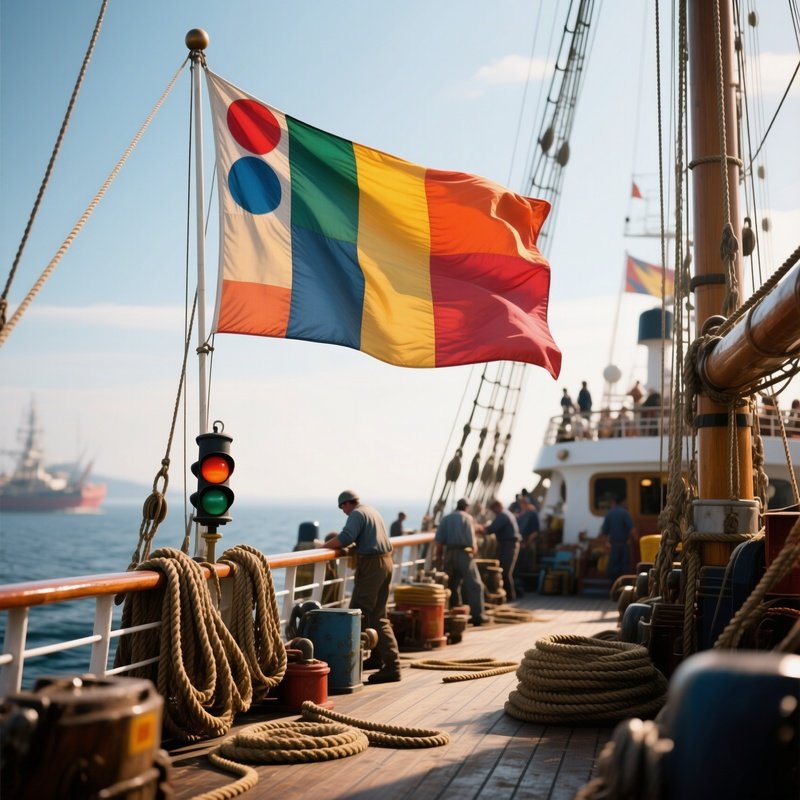 A Photorealistic Colorful Signal Flag Blowing Over A Busy Working Deck Filled With Ropes And Equipment.