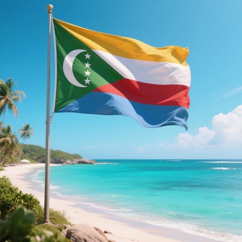 A Photorealistic Comorian Flag Fluttering Beside A Quiet Turquoise Bay.