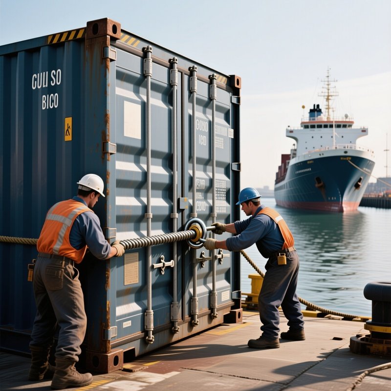 A Photorealistic Container Being Secured By Dockworkers Attaching Twist Locks While The Ship Gently Rocks Beside The Quay.
