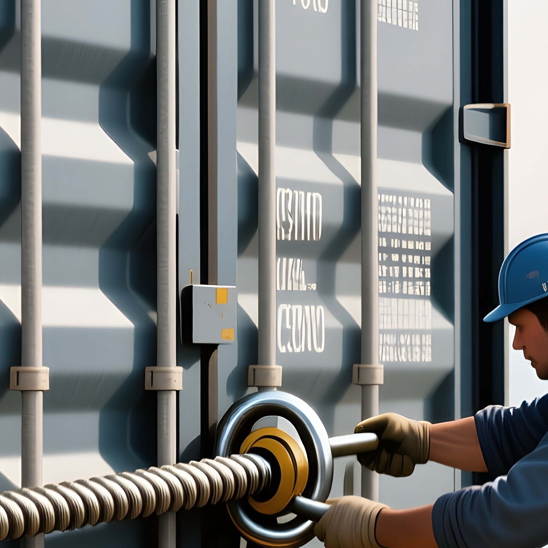 A Photorealistic Container Being Secured By Dockworkers Attaching Twist Locks While The Ship Gently Rocks Beside The Quay. - Full Resolution Quality Preview
