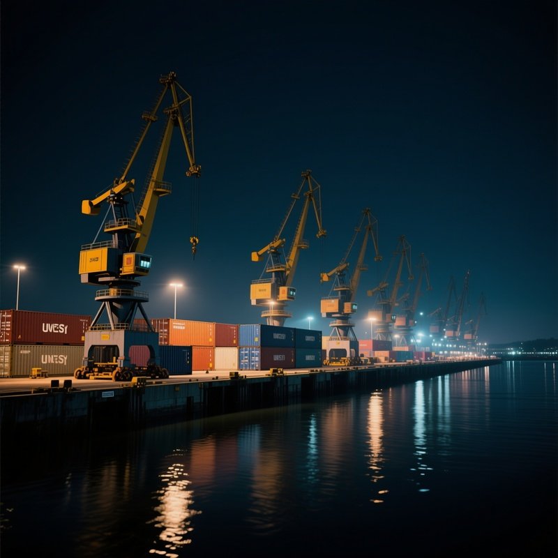 A Photorealistic Container Berth Illuminated At Night With Cranes Moving In Synchronized Rhythm Against Dark Water.