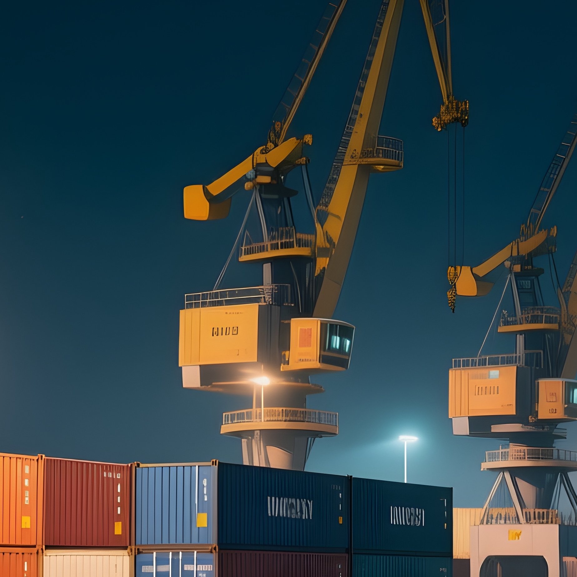A Photorealistic Container Berth Illuminated At Night With Cranes Moving In Synchronized Rhythm Against Dark Water. - Full Resolution Quality Preview