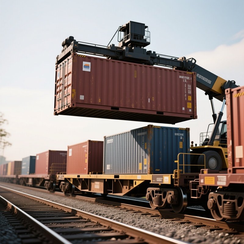 A Photorealistic Container Loader Placing Shipping Units On A Multi Wagon Freight Train.