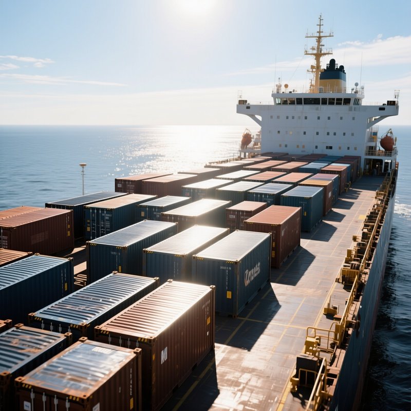 A Photorealistic Container Ship’S Deck Packed With Steel Units Gleaming Under Harsh Noon Sunlight.
