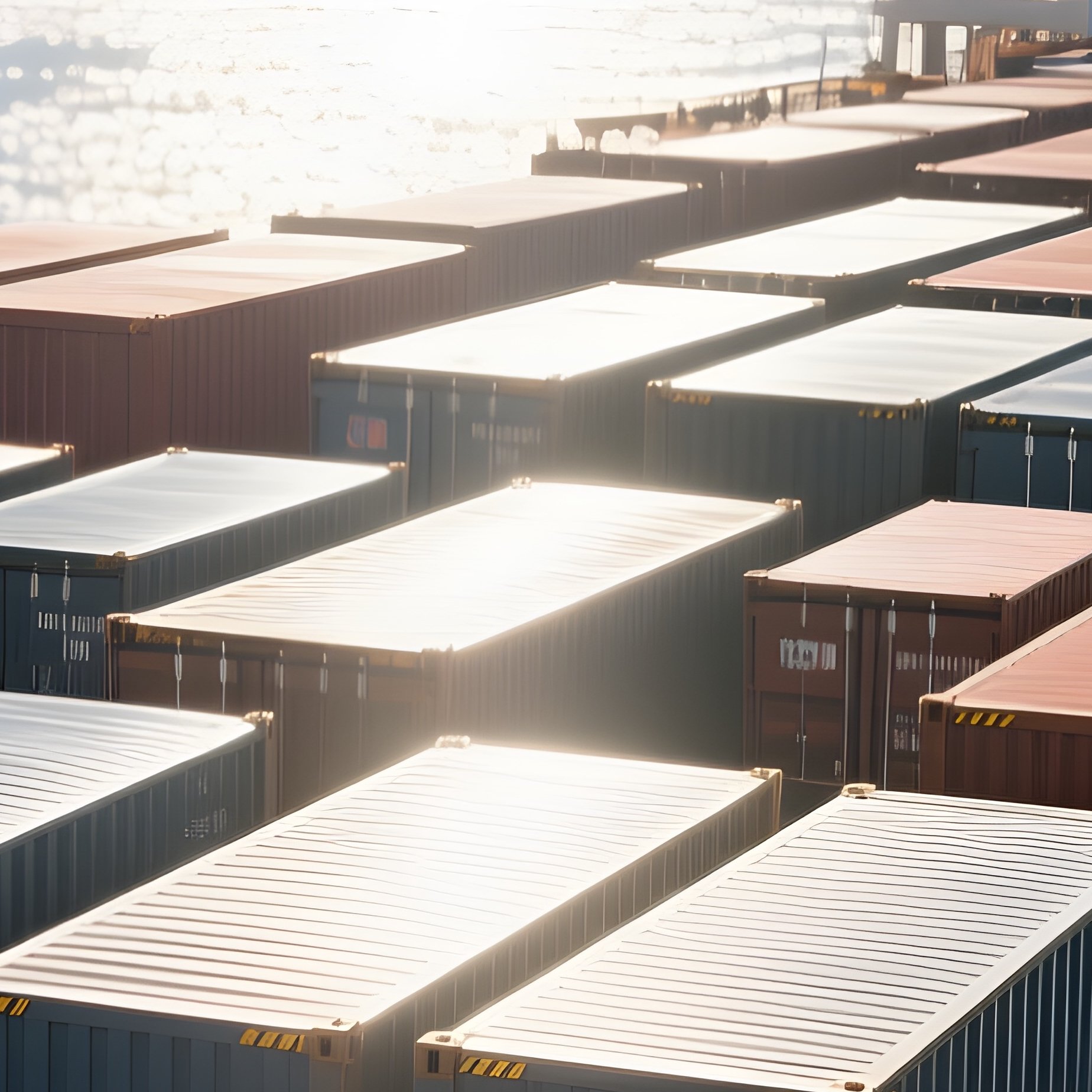 A Photorealistic Container Ship’S Deck Packed With Steel Units Gleaming Under Harsh Noon Sunlight. - Full Resolution Quality Preview