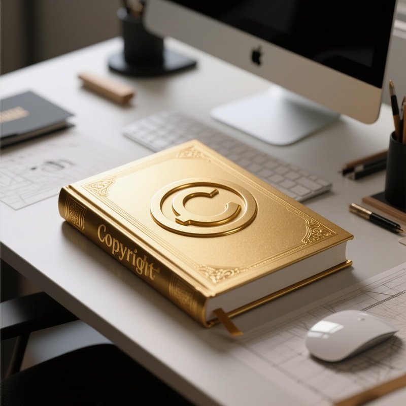A Photorealistic Copyright Symbol Embossed In Gold On A Hardcover Book Positioned On A Designer’S Workspace.