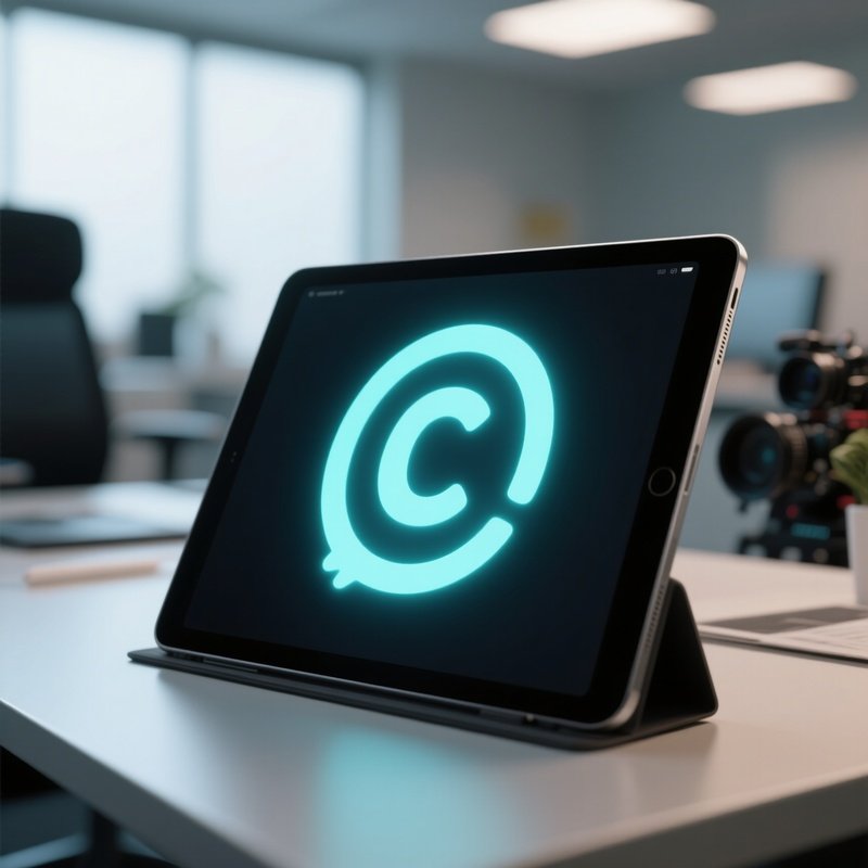 A Photorealistic Copyright Symbol Glowing Gently On A Digital Tablet In A Media Office.
